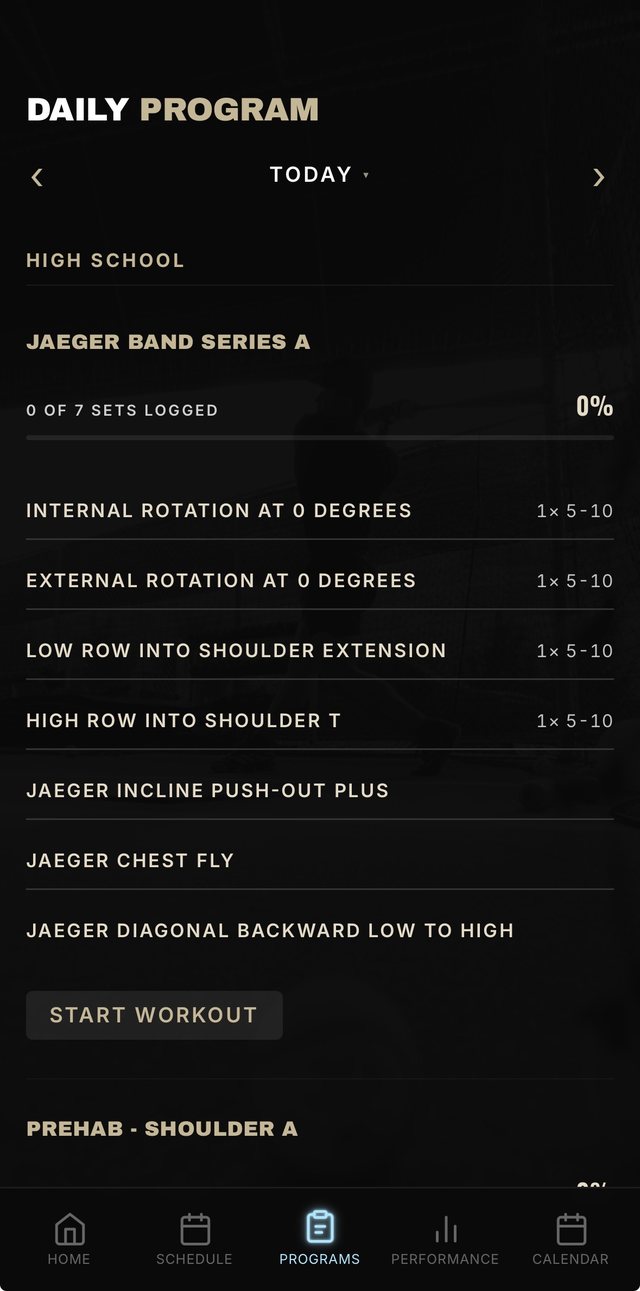 Daily Program screen listing the day's workouts and logged sets